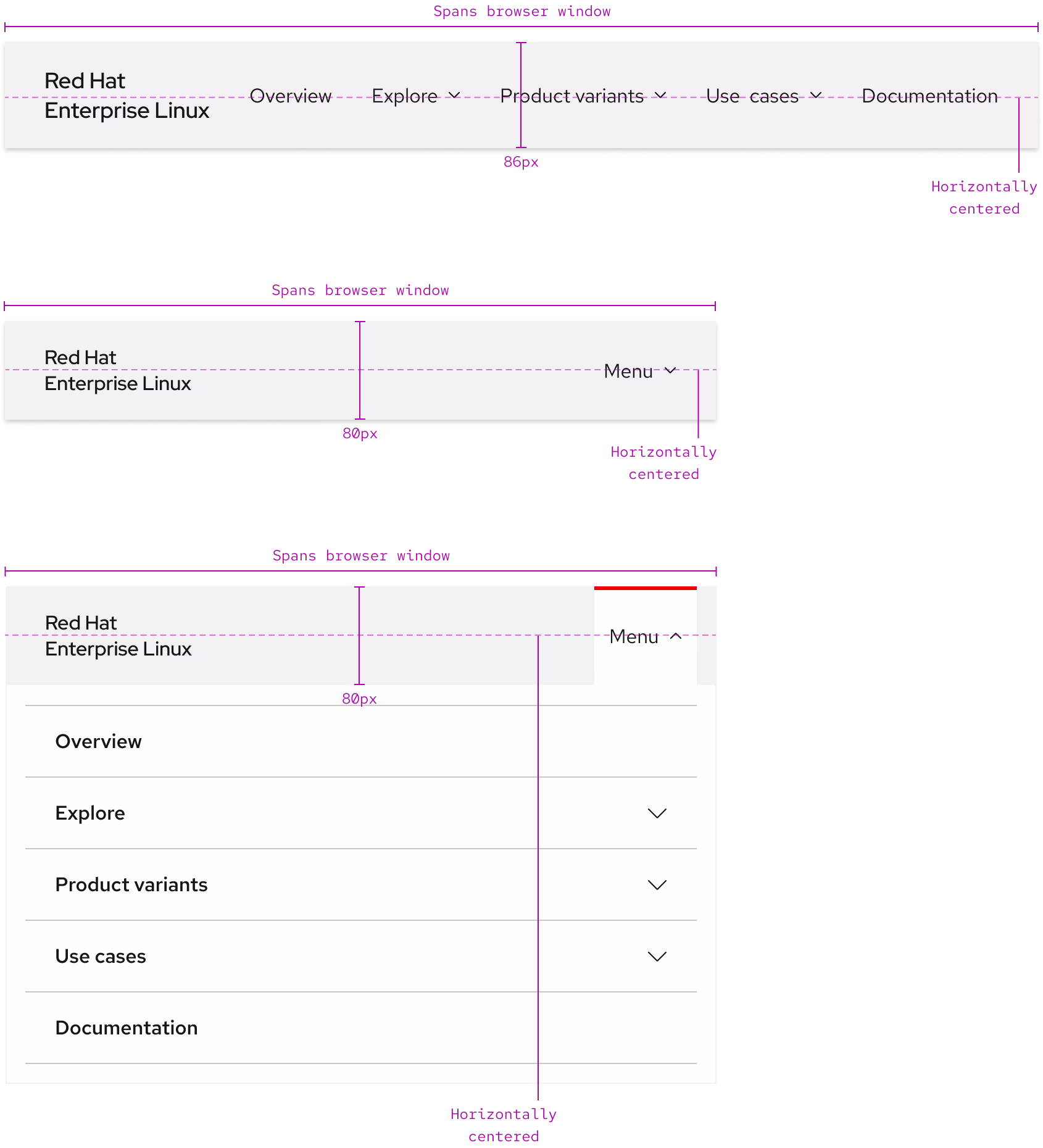 A responsive secondary navigation, transitioning from a full desktop view with multiple links to a collapsed mobile menu.